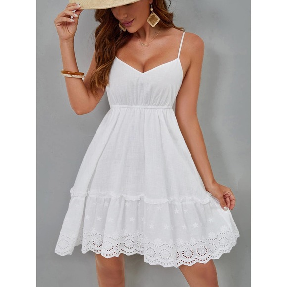 Dresses & Skirts - Boho Eyelet Embroidery Scallop Trim Ruffle Hem Cami Dress white